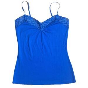 Y2K Blue Ribbed Lace Trim Cami Womens M Blue Layering Tank Top Cotton Stretch